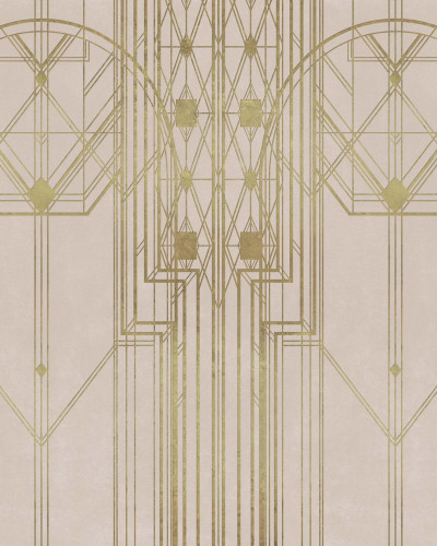 Tapet geometric cu linii fine aurii pe un fundal bej.