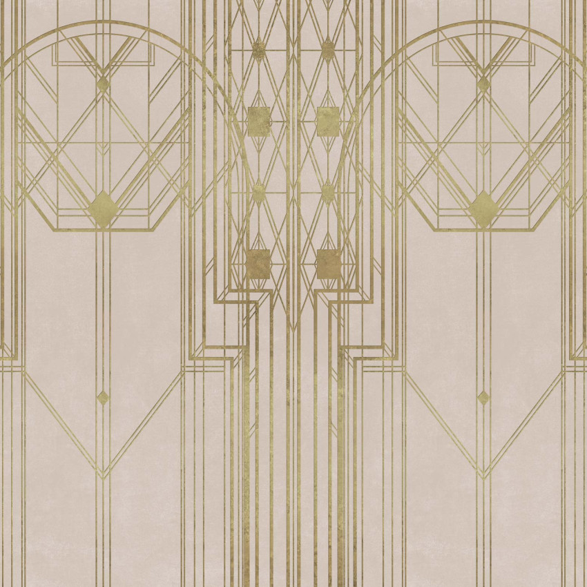 Tapet geometric cu linii fine aurii pe un fundal bej.
