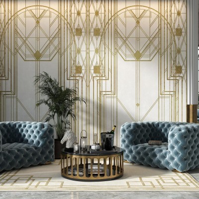 Tapet modern cu design geometric auriu, perfect pentru a adauga o nota de eleganta si sofisticare oricarui spatiu.