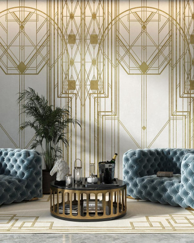 Tapet modern cu design geometric auriu, perfect pentru a adauga o nota de eleganta si sofisticare oricarui spatiu.