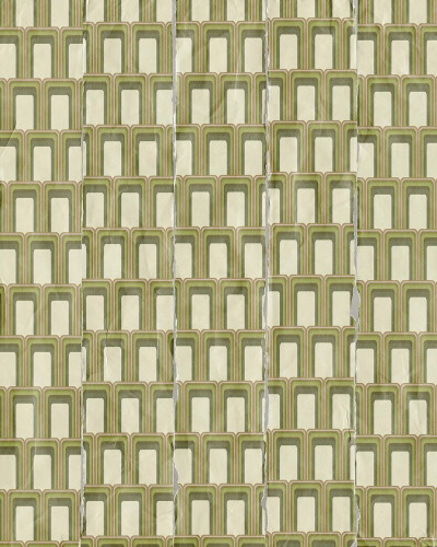 Tapet geometric verde si alb, cu design inspirat din anii 70, pentru decorarea peretilor.