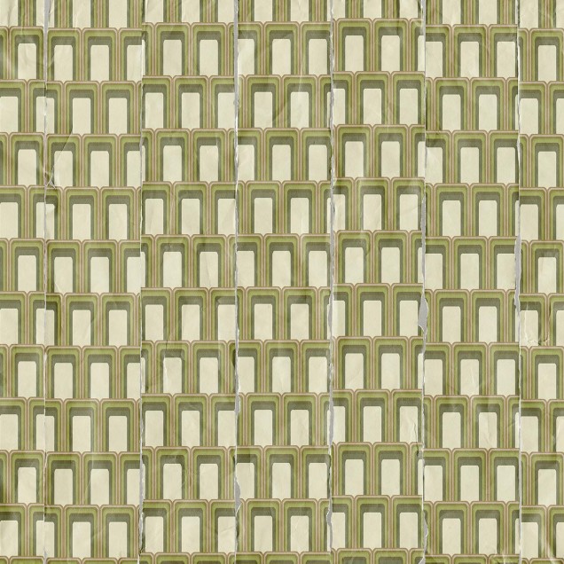 Tapet geometric verde si alb, cu design inspirat din anii 70, pentru decorarea peretilor.