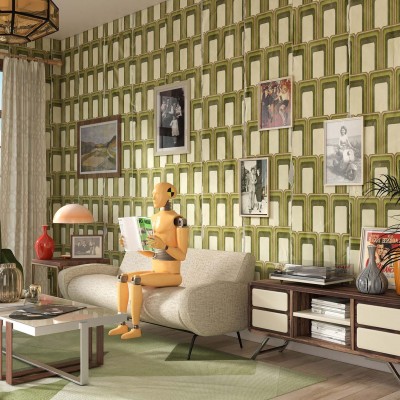 Tapet geometric verde si alb, cu design inspirat din anii 70, pentru decorarea peretilor.