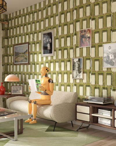 Tapet geometric verde si alb, cu design inspirat din anii 70, pentru decorarea peretilor.