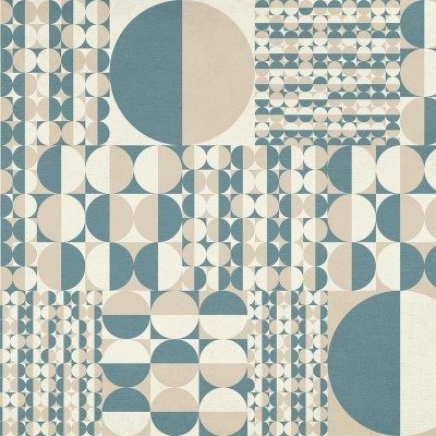 Tapet geometric modern cu cercuri si forme geometrice in nuante de albastru si bej.