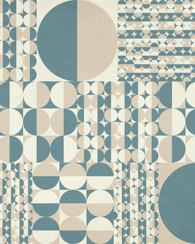 Tapet geometric modern cu cercuri si forme geometrice in nuante de albastru si bej.