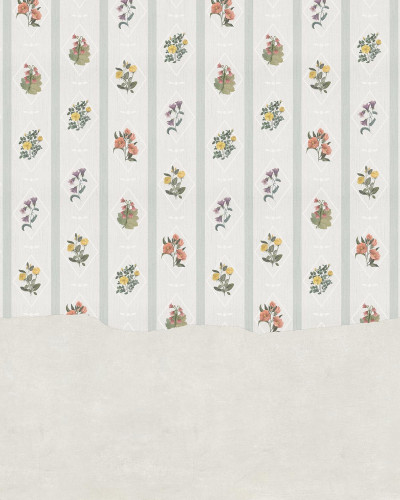 Tapet floral vintage cu un design elegant si subtil. Imprimeul cu flori pastelate, pe un fundal gri deschis cu dungi delicate, este perfect pentru a crea o atmosfera relaxanta si primitoare.