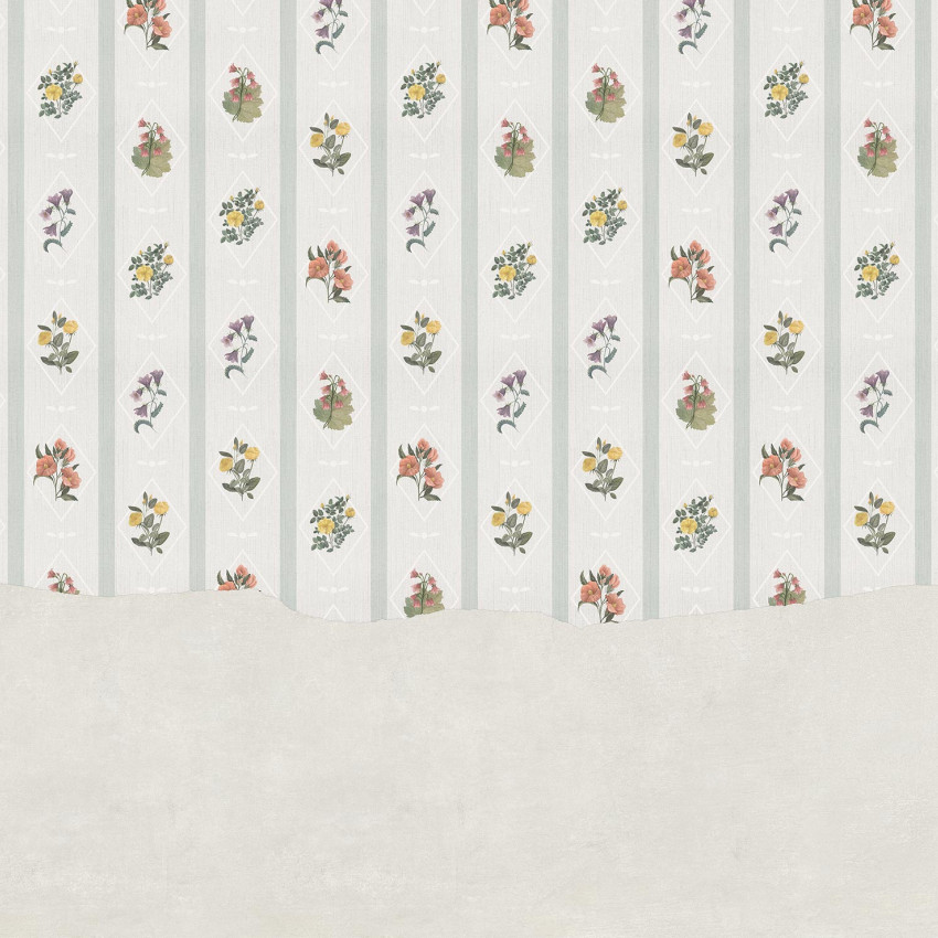Tapet floral vintage cu un design elegant si subtil. Imprimeul cu flori pastelate, pe un fundal gri deschis cu dungi delicate, este perfect pentru a crea o atmosfera relaxanta si primitoare.