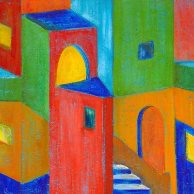 Tapet cu design abstract vibrant, cu culori vii și forme geometrice, perfect pentru a crea un punct focal dramatic în orice cameră.