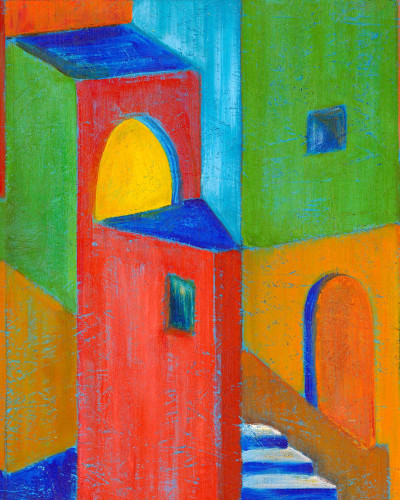 Tapet cu design abstract vibrant, cu culori vii și forme geometrice, perfect pentru a crea un punct focal dramatic în orice cameră.