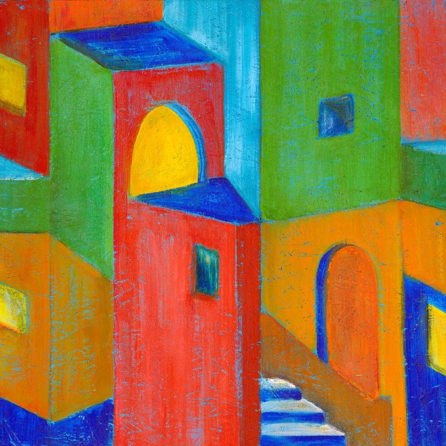 Tapet cu design abstract vibrant, cu culori vii și forme geometrice, perfect pentru a crea un punct focal dramatic în orice cameră.