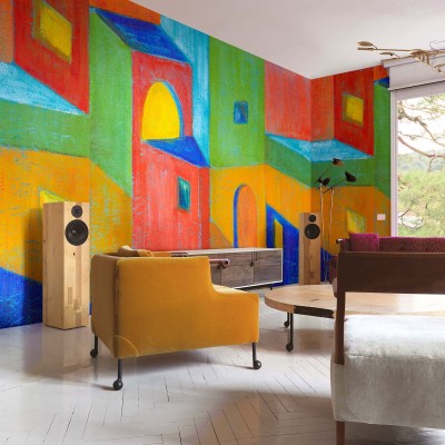 Tapet cu design abstract vibrant, cu culori vii și forme geometrice, perfect pentru a crea un punct focal dramatic în orice cameră.