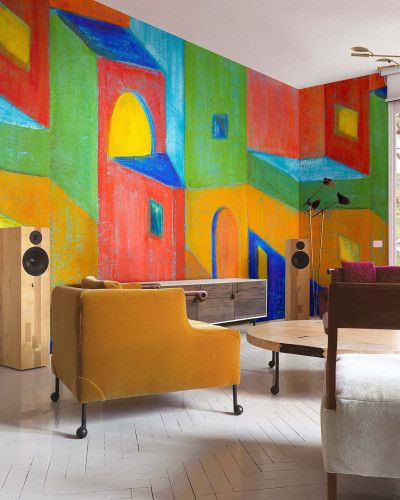 Tapet cu design abstract vibrant, cu culori vii și forme geometrice, perfect pentru a crea un punct focal dramatic în orice cameră.