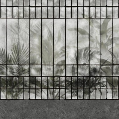 Wallpaper Serra, Gri cu design geometric. Imagine cu frunze de palmier printr-un geam, in nuante de gri.
