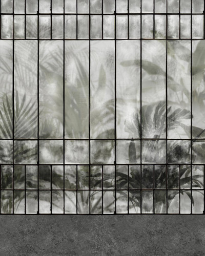 Wallpaper Serra, Gri cu design geometric. Imagine cu frunze de palmier printr-un geam, in nuante de gri.