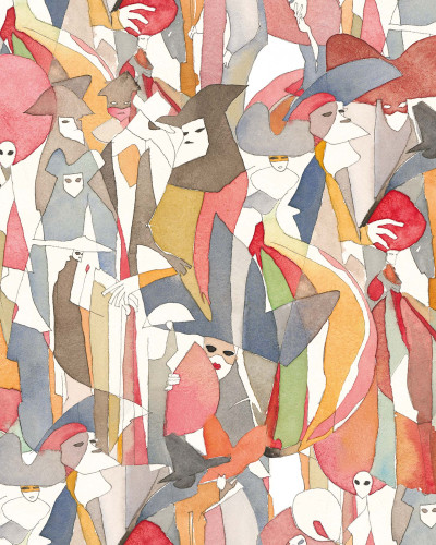 Wallpaper abstract cu persoane in costume de bal, in nuante de apricotie, galben, gri si rosu.