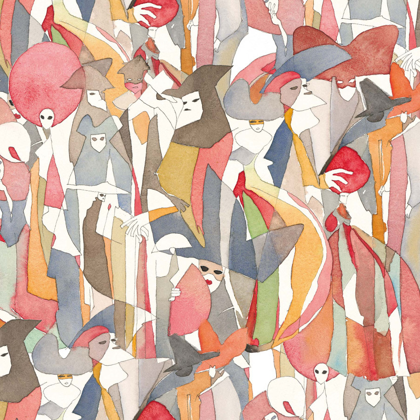 Wallpaper abstract cu persoane in costume de bal, in nuante de apricotie, galben, gri si rosu.