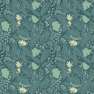 Tapet floral Paloma Green, Small, cu frunze verzi și flori galbene deschise