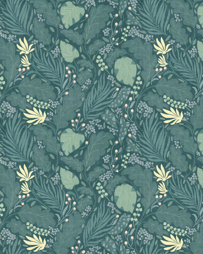 Tapet floral Paloma Green, Small, cu frunze verzi și flori galbene deschise