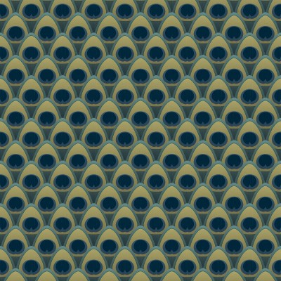 Tapet cu model geometric de pene de paun in nuante de verde, albastru si auriu.