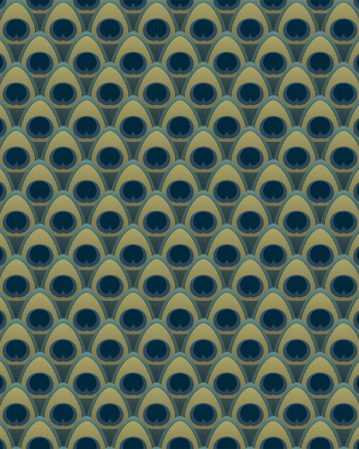 Tapet cu model geometric de pene de paun in nuante de verde, albastru si auriu.