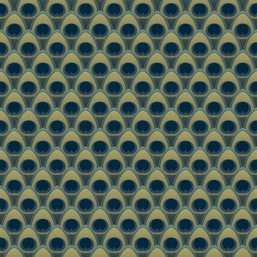 Tapet cu model geometric de pene de paun in nuante de verde, albastru si auriu.