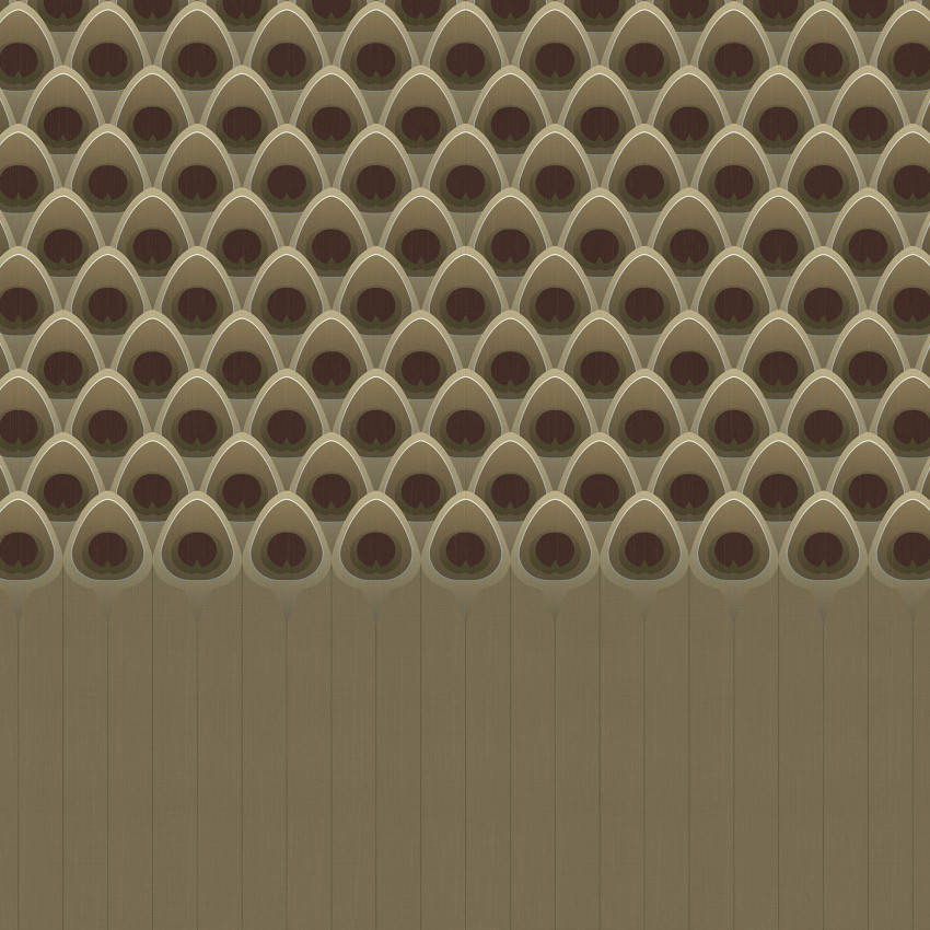 Tapet cu design boiserie aurie, model geometric Art Deco, nuanțe bej și maro