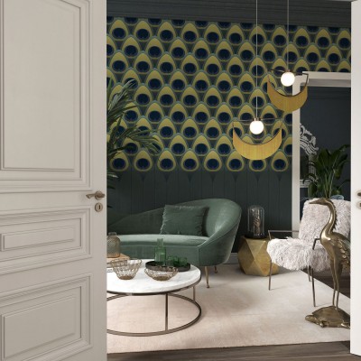 Tapet cu model geometric de pene de păun în nuanțe de verde și galben
