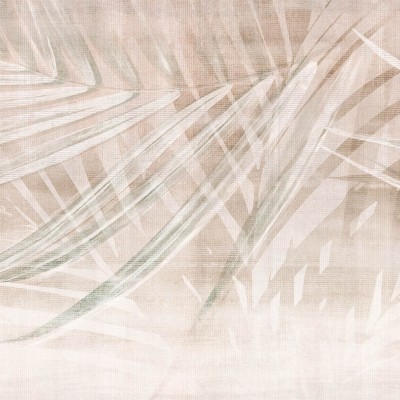 Tapet Oasi Rose cu design minimalist de frunze in nuante de bej si verde, perfect pentru dormitor.