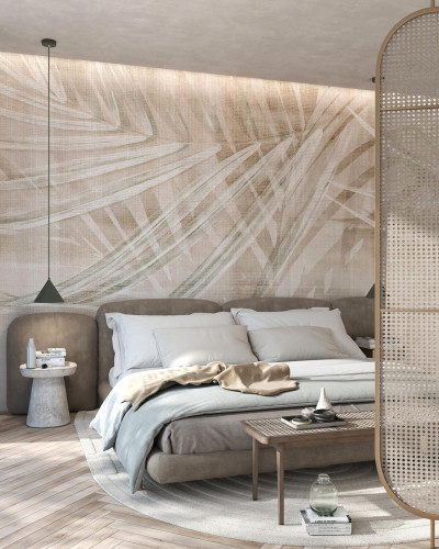 Tapet Oasi Rose cu design minimalist de frunze in nuante de bej si verde, perfect pentru dormitor.