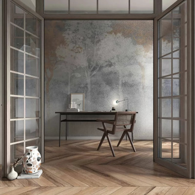 Fototapet cu peisaj forestier nocturn într-un birou elegant