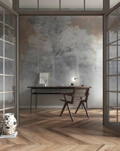 Fototapet cu peisaj forestier nocturn într-un birou elegant