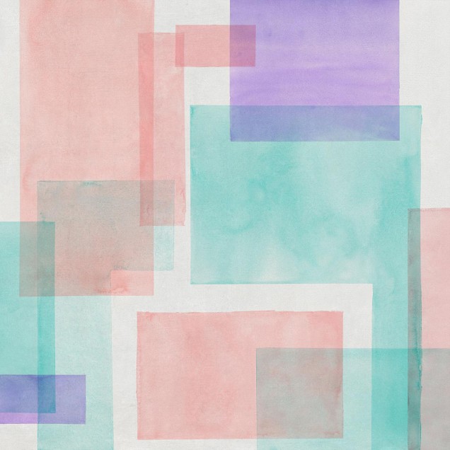 Tapet cu design geometric abstract, în culori pastelate: roz, turcoaz și mov.