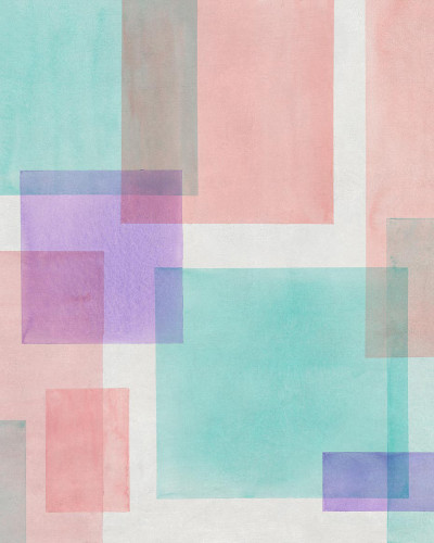 Tapet cu design geometric abstract, în culori pastelate: roz, turcoaz și mov.