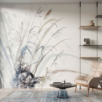 Tapet cu un design minimalist, cu accente de apă și plante delicate