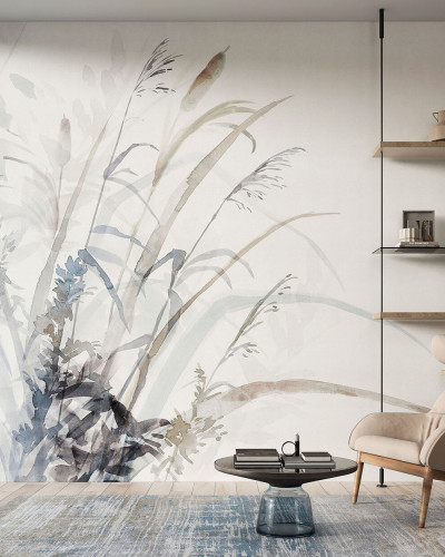 Tapet cu un design minimalist, cu accente de apă și plante delicate