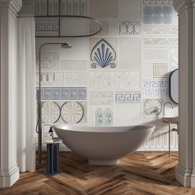 Tapet baie modern cu motive geometrice și ornamente clasice inspirate din arta greacă