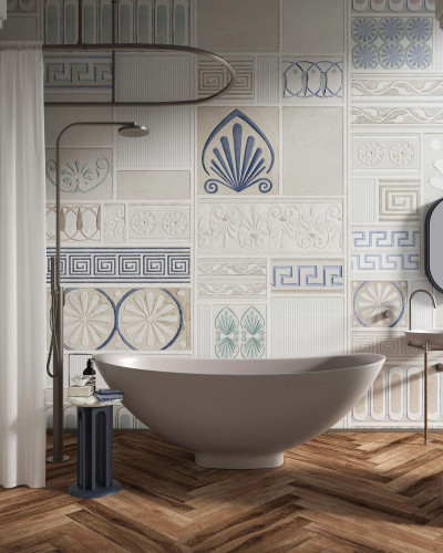 Tapet baie modern cu motive geometrice și ornamente clasice inspirate din arta greacă