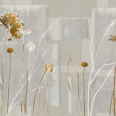 Tapet cu design minimalist, flori delicate și frunze într-o paletă de culori neutre.