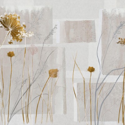Tapet cu design floral auriu pe fundal gri deschis