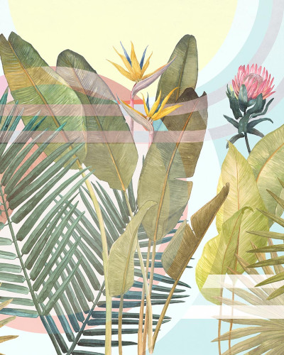 Tapet cu design tropical, cu frunze verzi și flori exotice, în culori vibrante.