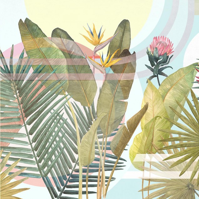 Tapet cu design tropical, cu frunze verzi și flori exotice, în culori vibrante.