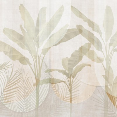 Tapet cu un design tropical elegant si modern, cu frunze de palmier in nuante calde, pe un fond texturat.