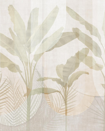Tapet cu un design tropical elegant si modern, cu frunze de palmier in nuante calde, pe un fond texturat.