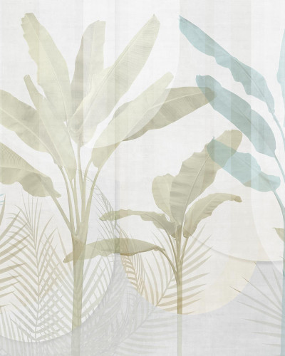 Tapet cu aspect tropical Bahama, cu nuante delicate de albastru si verde. Imaginea prezinta frunze de palmier si alte plante tropicale.