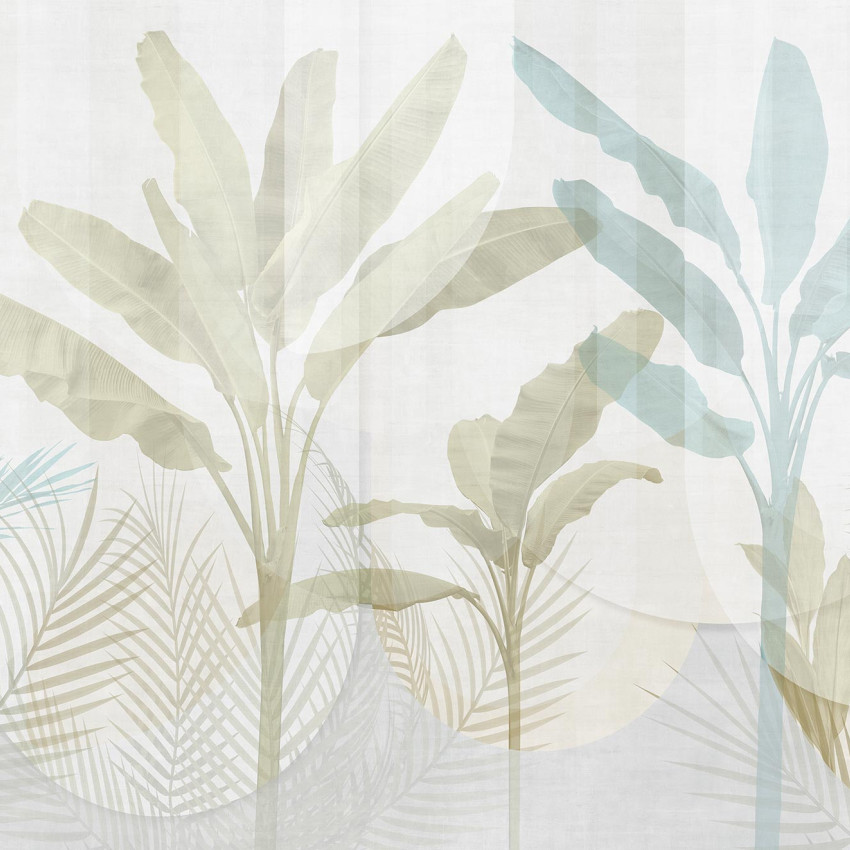 Tapet cu aspect tropical Bahama, cu nuante delicate de albastru si verde. Imaginea prezinta frunze de palmier si alte plante tropicale.