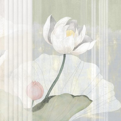 Wallpaper cu flori de lotus în nuanțe de verde și alb.
