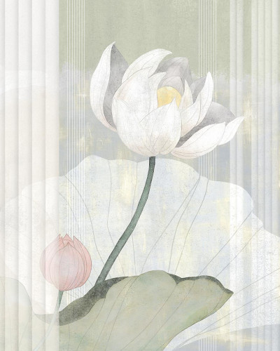 Wallpaper cu flori de lotus în nuanțe de verde și alb.