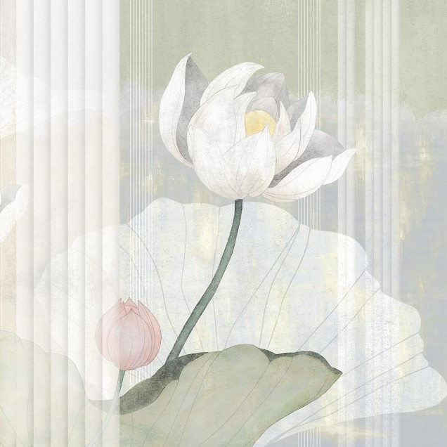 Wallpaper cu flori de lotus în nuanțe de verde și alb.