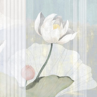 Fototapet cu flori de lotus, albastru deschis,  design minimalist,  flori de lotus,  culori delicate,  albastru deschis, crem, gri,  atmosfera relaxantă, rafinată, living, dormitor, birou